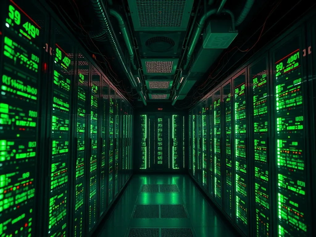 High-tech server room with glowing green lights and data str