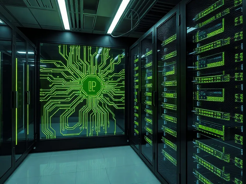 A high-tech server room with clean lines, glowing circuit pa