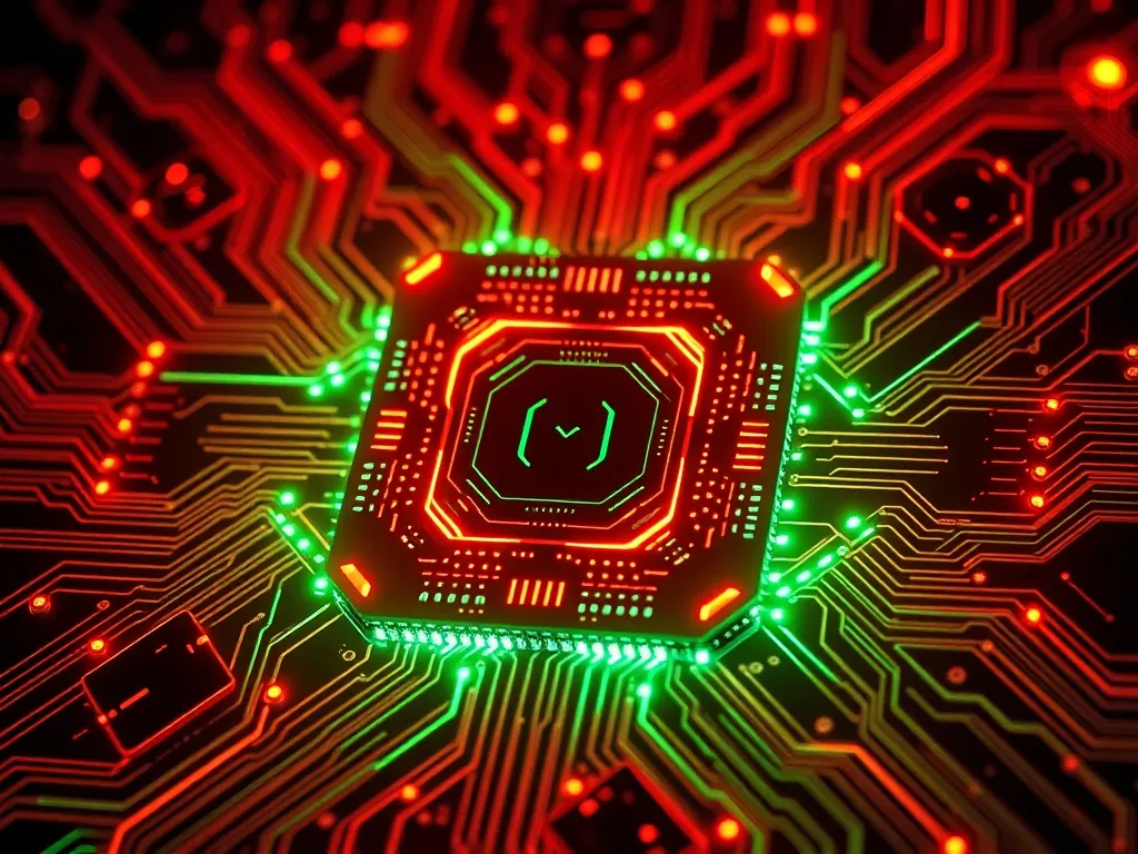 Futuristic quantum processor with glowing circuits and compl